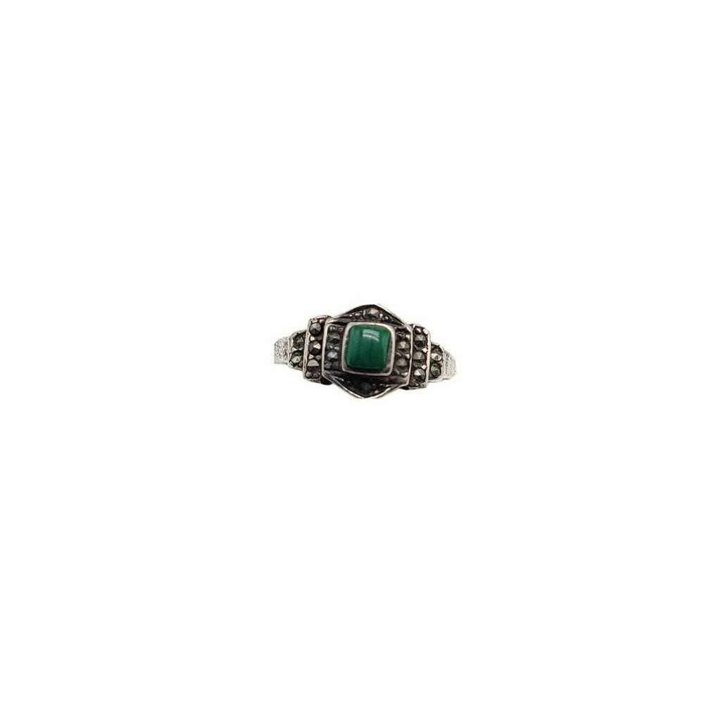 Sterling Silver .925 Green Malachite Marcasite Cocktail Ring Size 8 Vintage